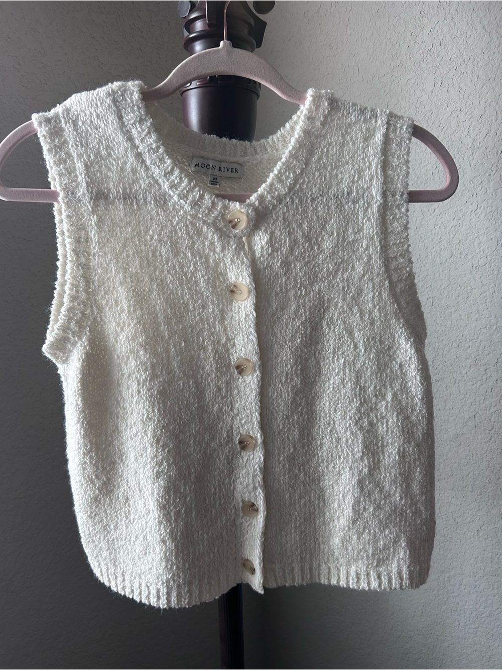 Moon River Cream Textured Knit Button Vest